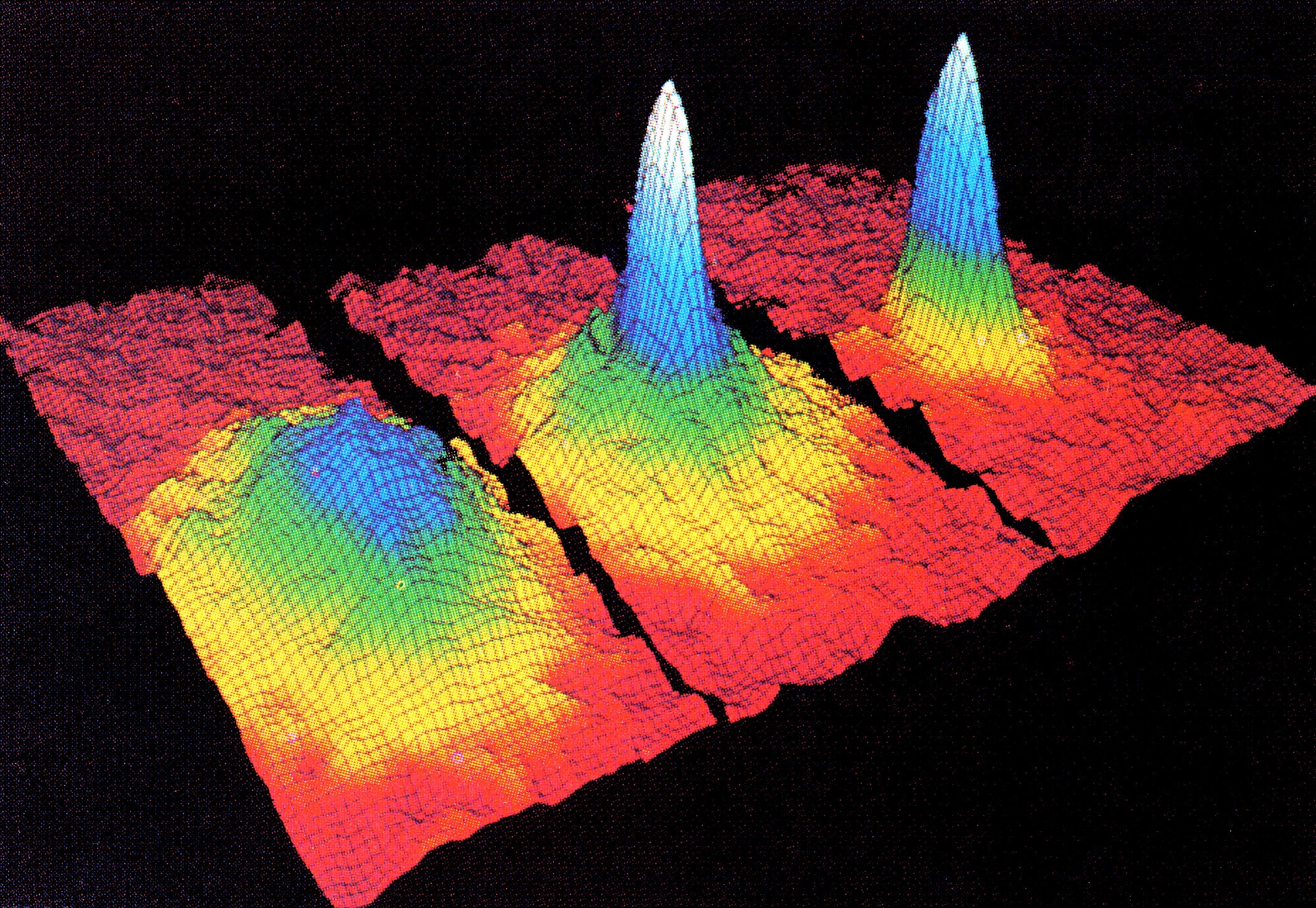 Velocity-distribution data of a gas of rubidium atoms, confirming the discovery of a new phase of matter, the Bose-Einstein condensate.